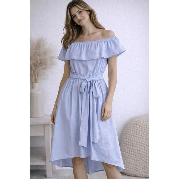 Saks Fifth Avenue Dresses & Skirts - Saks Fifth Avenue Blue Striped Off Shoulder Dress Belted High Low Cotton Size L